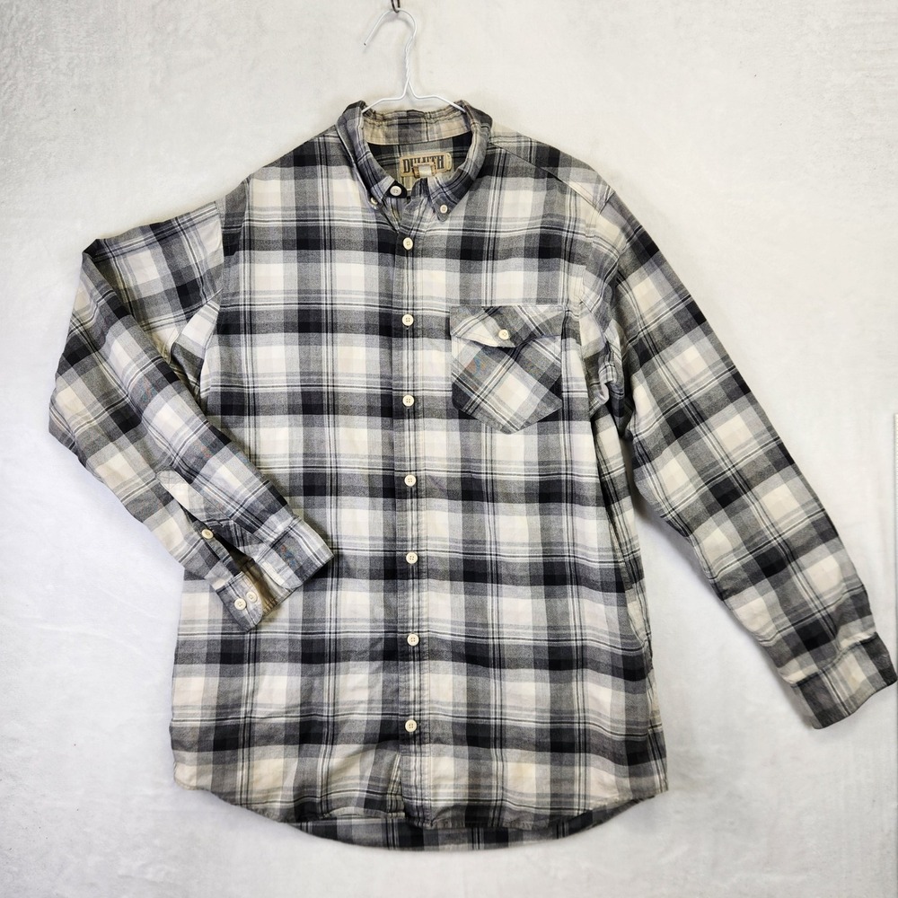 Duluth Trading Co Mens XL Tall Black Grey Plaid Flannel Cotton Button Down Shirt